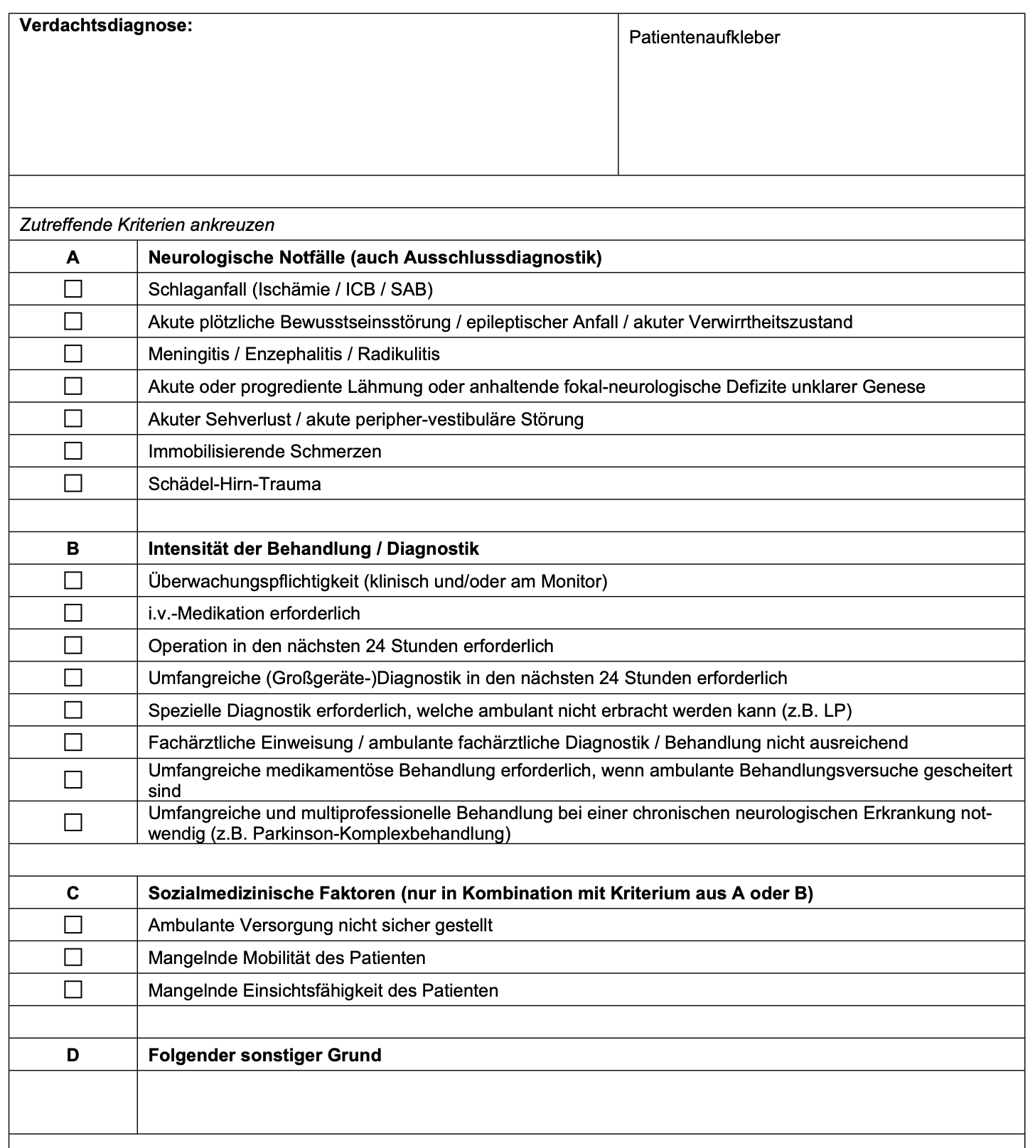 Beispiel für stationäre Aufnahmekriterien (hier in die Neurologie)