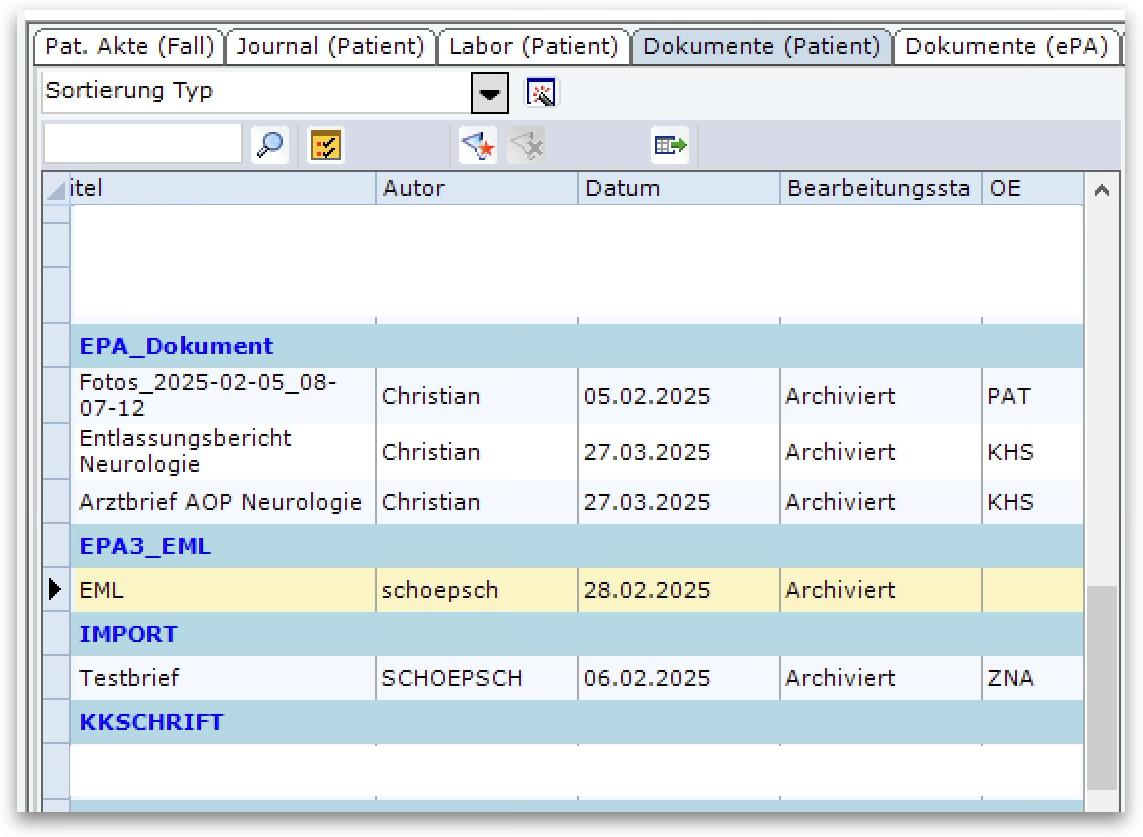 Dokumentenansicht aller meiner Dokumente im KIS mit den aus der ePA geladenen Dokumenten und der eML