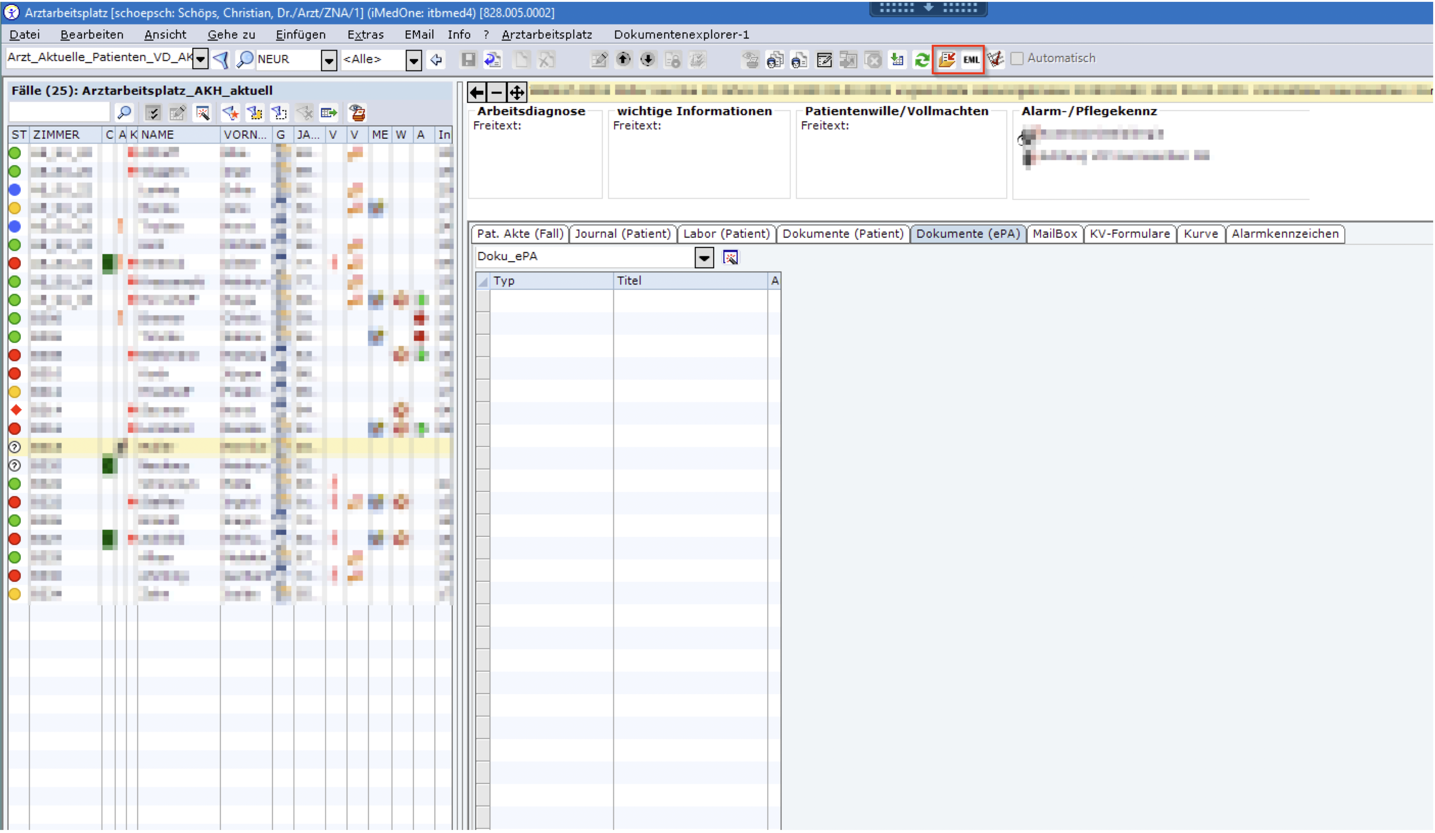 Arztarbeitsplatz in iMed One. Die beiden Buttons, die die ePA Funktionalitäten aufrufen sind rot umrandet.